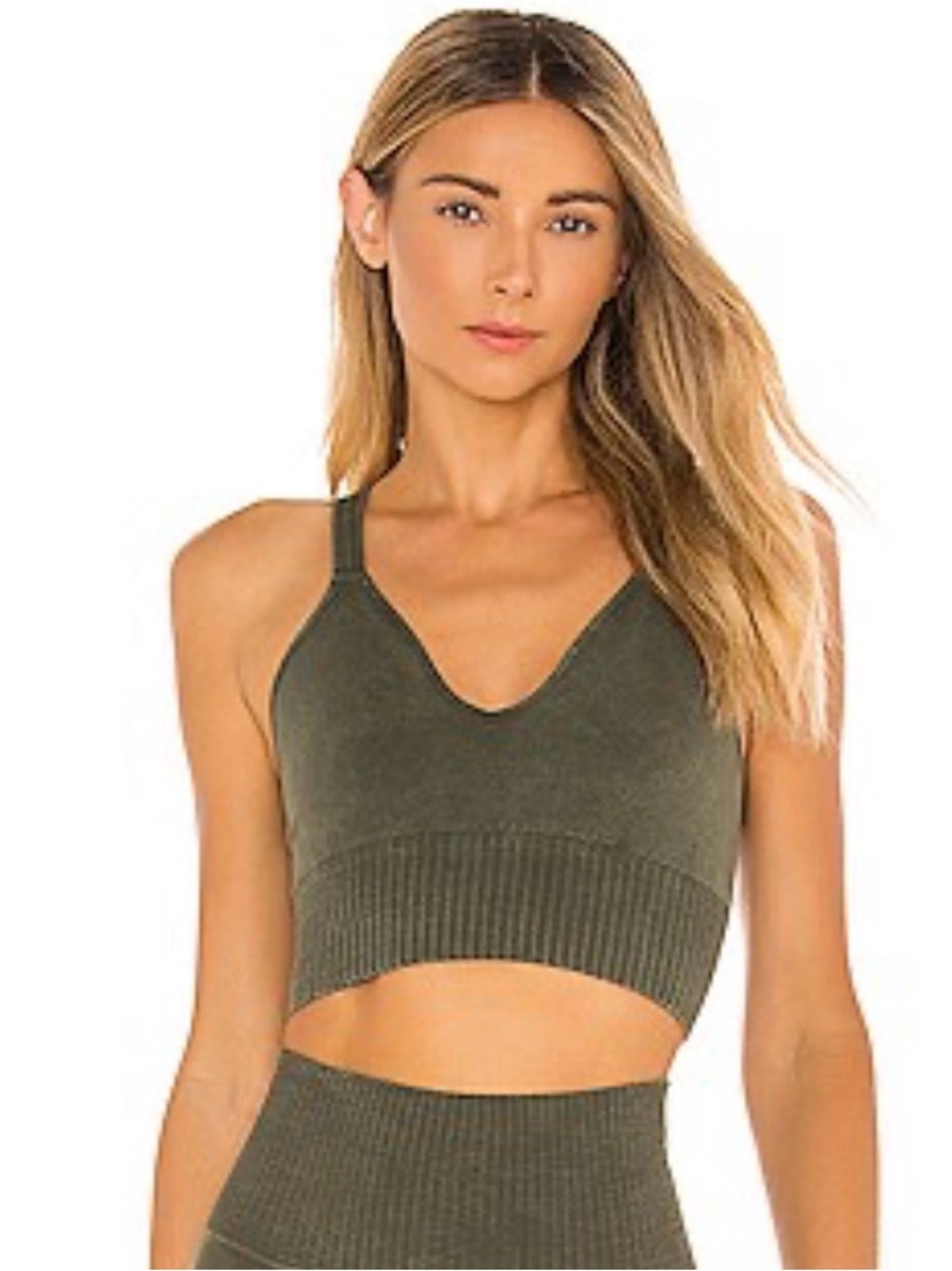Free People Movement Good Karma Tank V-Neck Knit Cropped Top in Olive Green M/L